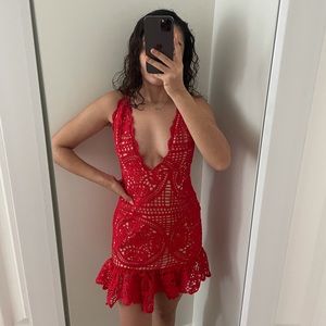Red Lace Frill Trim Dress